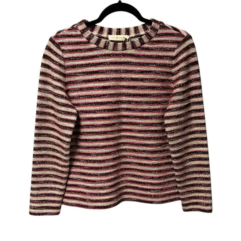 NWT Tory Burch Light Oatmeal Pink Knubby Terry Stripe Tweed Top Womens Small